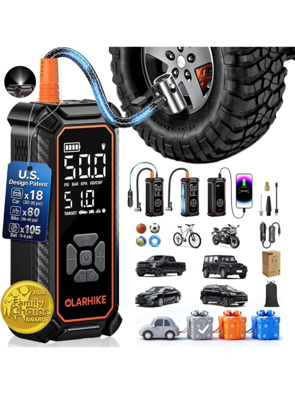 Portable Tire Inflator Air Compressor, Dual Power 3*2000mAh & 12V DC, Compact